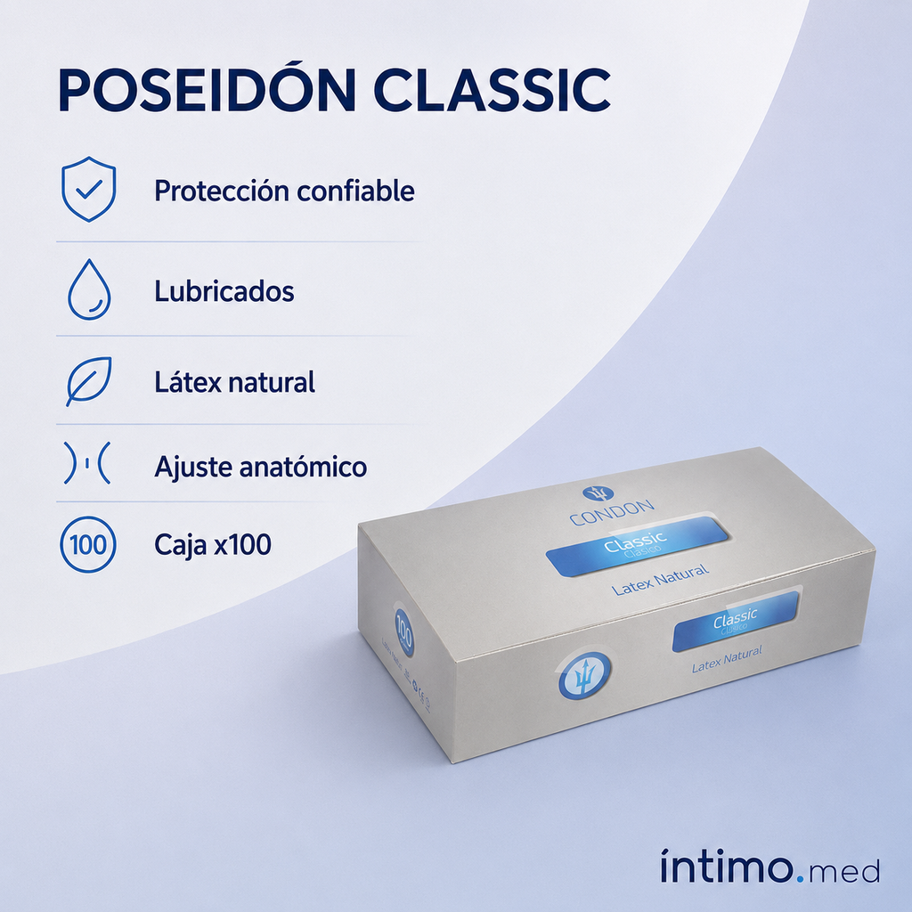 Condones Poseidón Classic Lubricados Caja x100 | Látex Natural