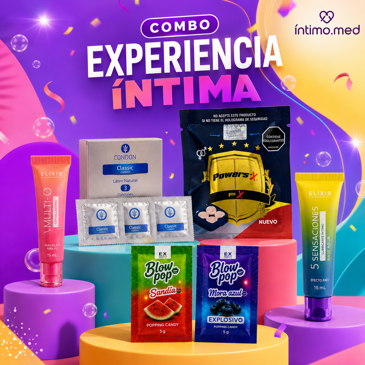 Combo Experiencia Íntima con lubricantes Elixir, Condones Poseidón, PowerS’X y Blow Pop
