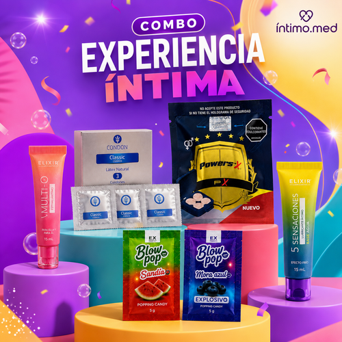 Combo Experiencia Íntima con lubricantes Elixir, Condones Poseidón, PowerS’X y Blow Pop